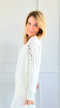 Lux Bloom Lace Shoulder Top - White-140 Sweaters-cinniya-Coastal Bloom Boutique, find the trendiest versions of the popular styles and looks Located in Indialantic, FL