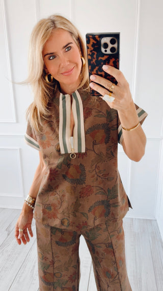 Floral Zip Neck Top - Brown