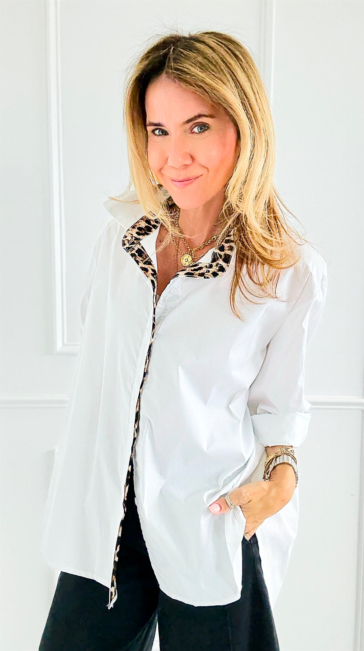 Wild Contrast Collar Italian Shirt-110 Long Sleeve Tops-STAR SRL-Coastal Bloom Boutique, find the trendiest versions of the popular styles and looks Located in Indialantic, FL