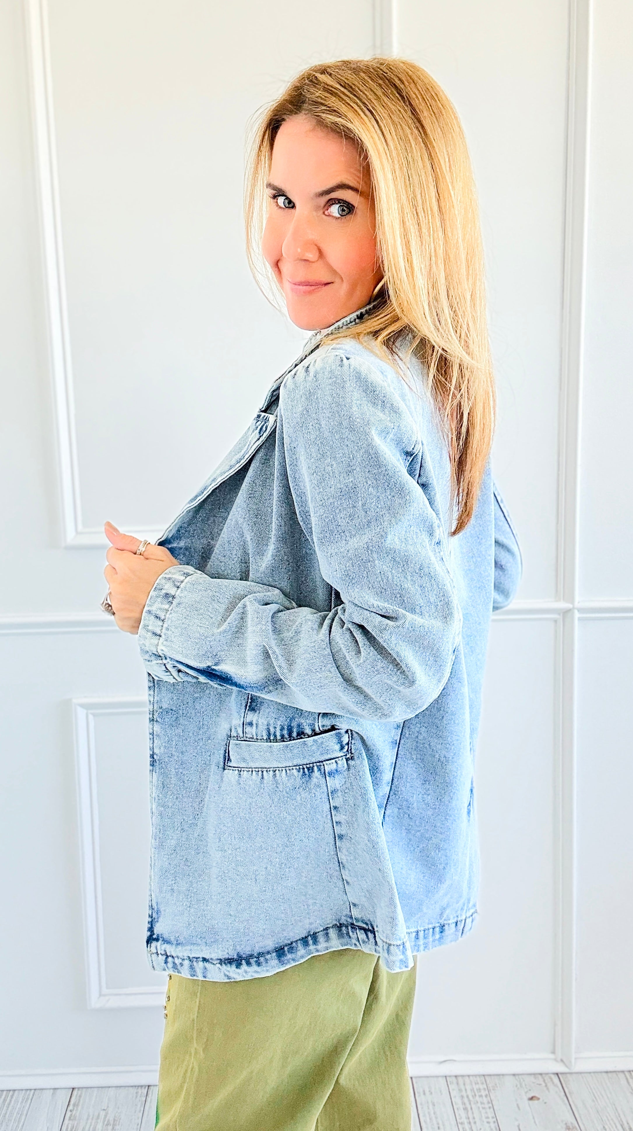 Washed Denim Blazer-160 Jackets-26 INTERNATIONAL-Coastal Bloom Boutique, find the trendiest versions of the popular styles and looks Located in Indialantic, FL