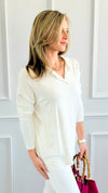 Polished Collar Knit Polo Top - Ivory-130 Long Sleeve Tops-ROUSSEAU-Coastal Bloom Boutique, find the trendiest versions of the popular styles and looks Located in Indialantic, FL