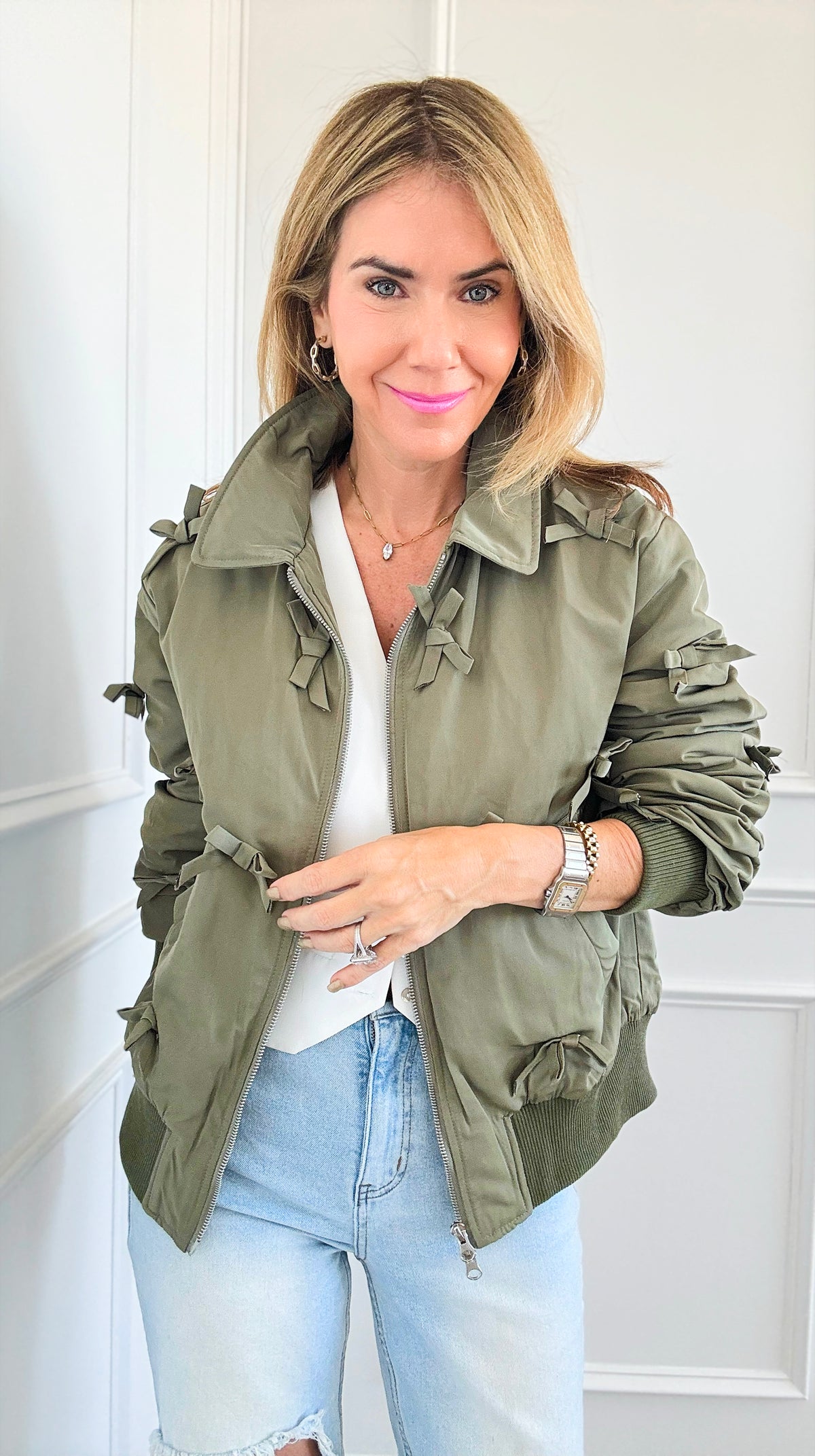 Bow Detailed Bomber Jacket - Olive-160 Jackets-Joh Apparel-Coastal Bloom Boutique, find the trendiest versions of the popular styles and looks Located in Indialantic, FL