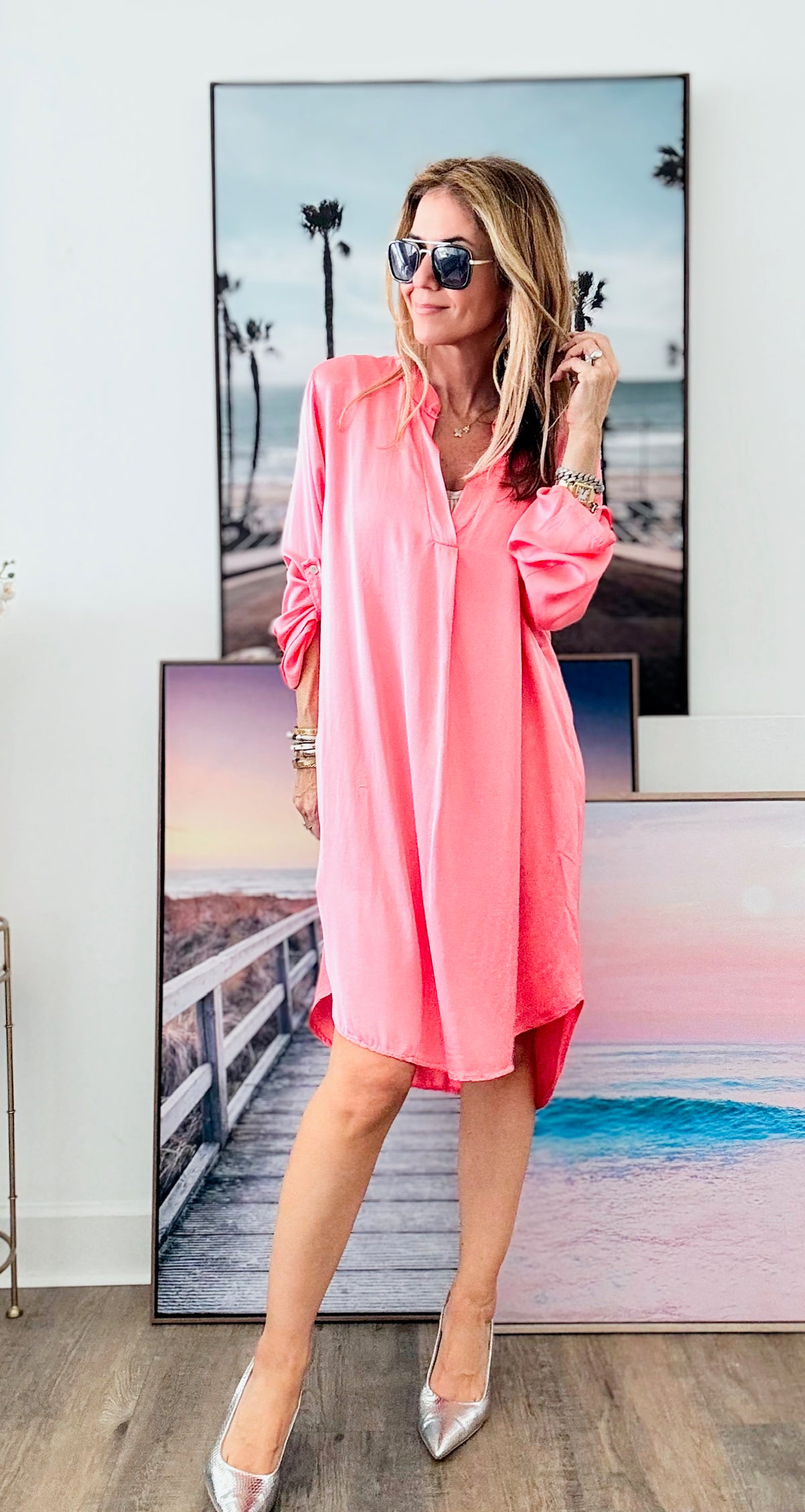 Satin V-Neck Italian Dress - Coral-200 Dresses/Jumpsuits/Rompers-Germany-Coastal Bloom Boutique, find the trendiest versions of the popular styles and looks Located in Indialantic, FL