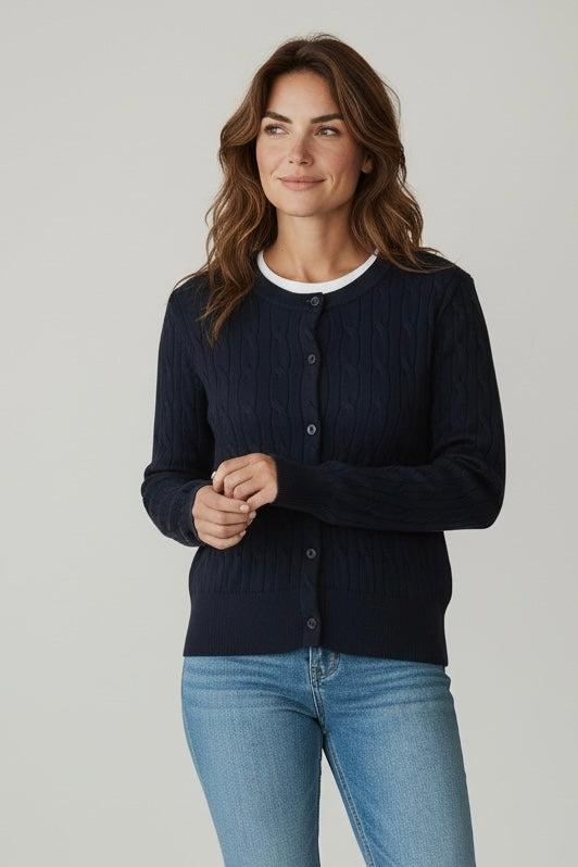 Cable Knit Crew Neck Cardigan - Navy-150 Cardigan Layers-Cielo-Coastal Bloom Boutique, find the trendiest versions of the popular styles and looks Located in Indialantic, FL