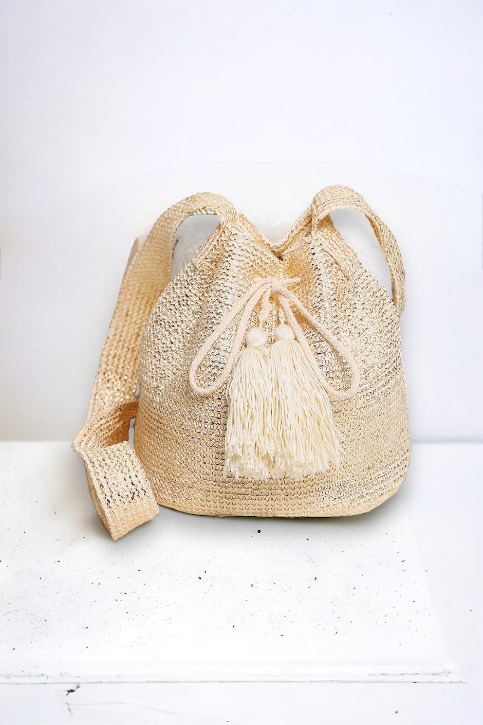 Pre Order - Straw Crossbody Bucket Bag - Gold-240 Bags-Wona Trading-Coastal Bloom Boutique, find the trendiest versions of the popular styles and looks Located in Indialantic, FL