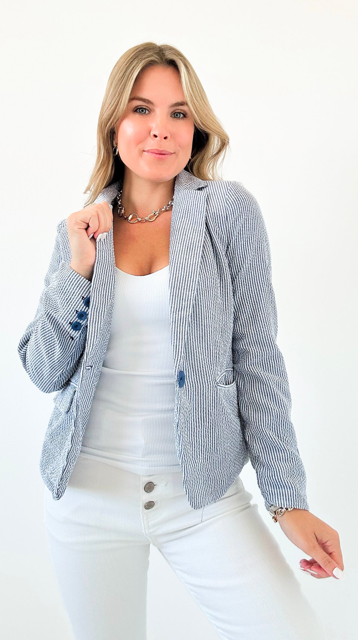 Boardwalk Blues Blazer-160 Jackets-26 INTERNATIONAL-Coastal Bloom Boutique, find the trendiest versions of the popular styles and looks Located in Indialantic, FL