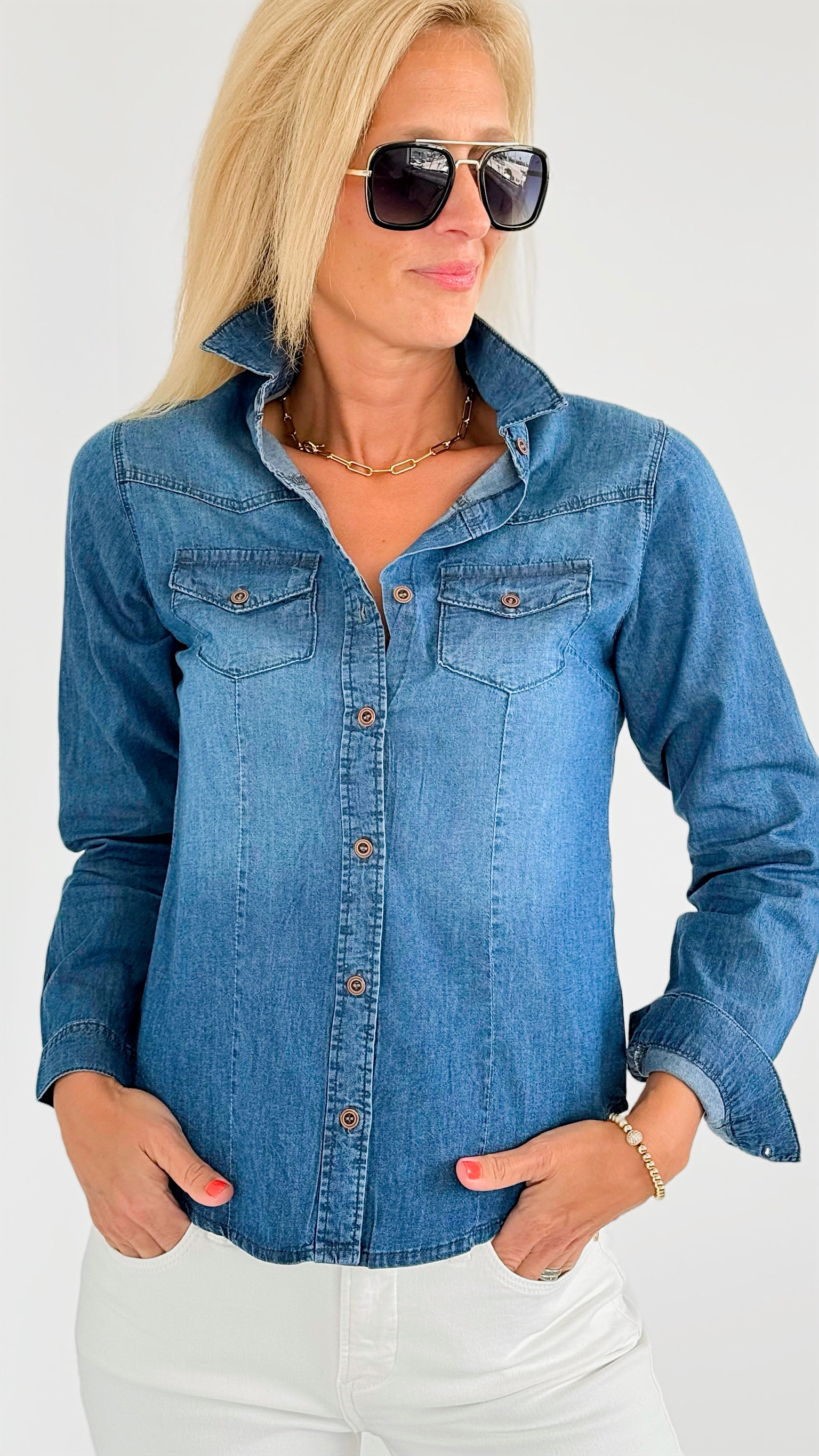 Denim Classic Button-Up Shirt -Dark Blue-130 Long Sleeve Tops-Blue Age-Coastal Bloom Boutique, find the trendiest versions of the popular styles and looks Located in Indialantic, FL