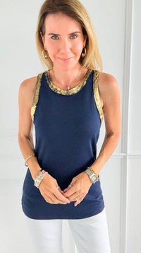 Metallic Foil Detailed Ribbed Italian Tank - Gold/Navy-100 Sleeveless Tops-Italianissimo-Coastal Bloom Boutique, find the trendiest versions of the popular styles and looks Located in Indialantic, FL