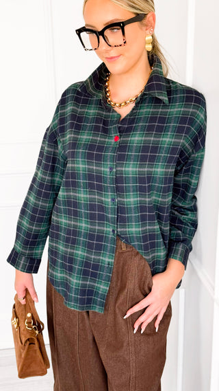 Plaid Ciao Amore Embroidered Button Front Shirt