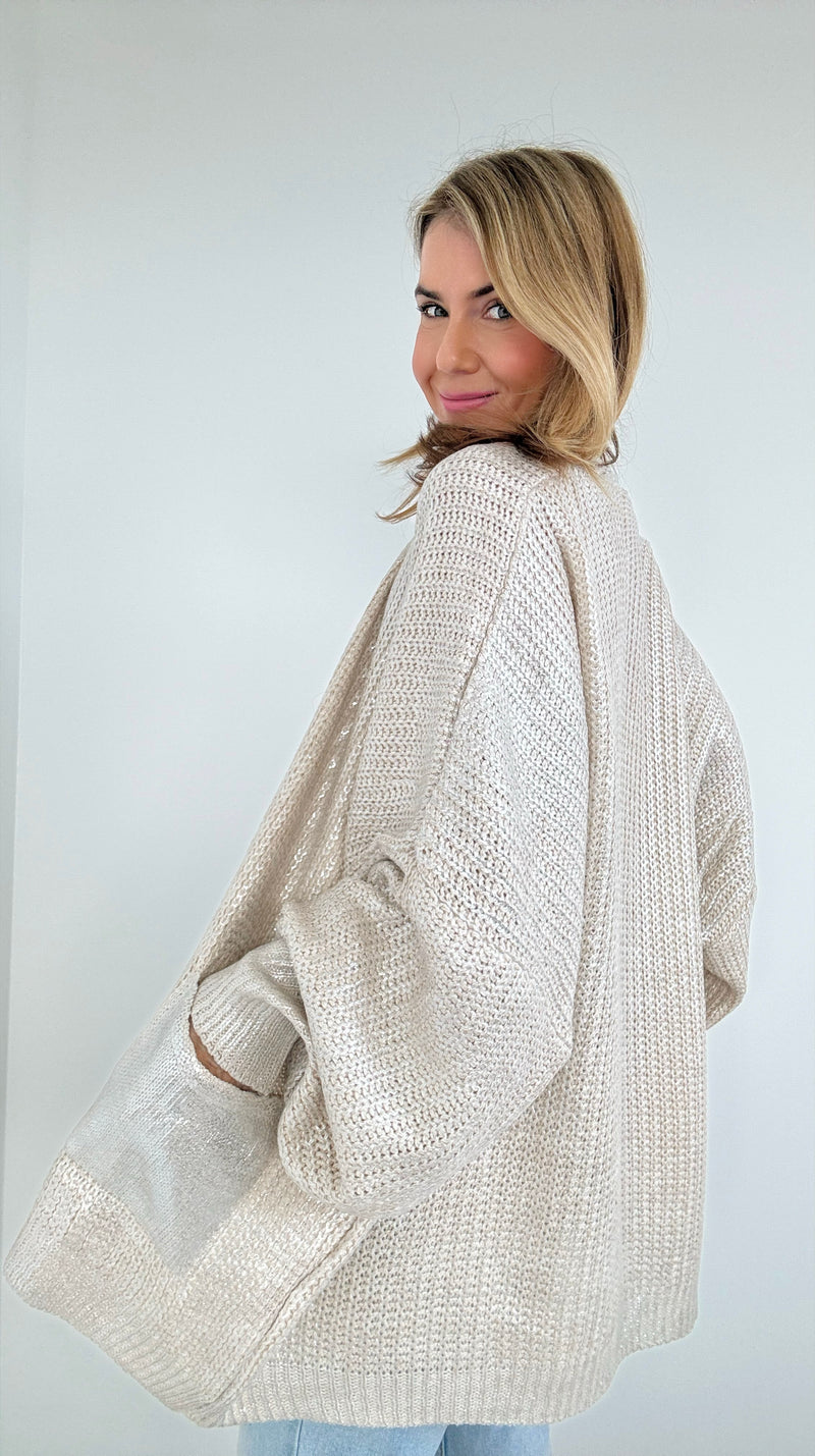 Mirrored Metallic Sugar High Italian Cardigan- Ecru/Silver-150 Cardigan Layers-Italianissimo-Coastal Bloom Boutique, find the trendiest versions of the popular styles and looks Located in Indialantic, FL