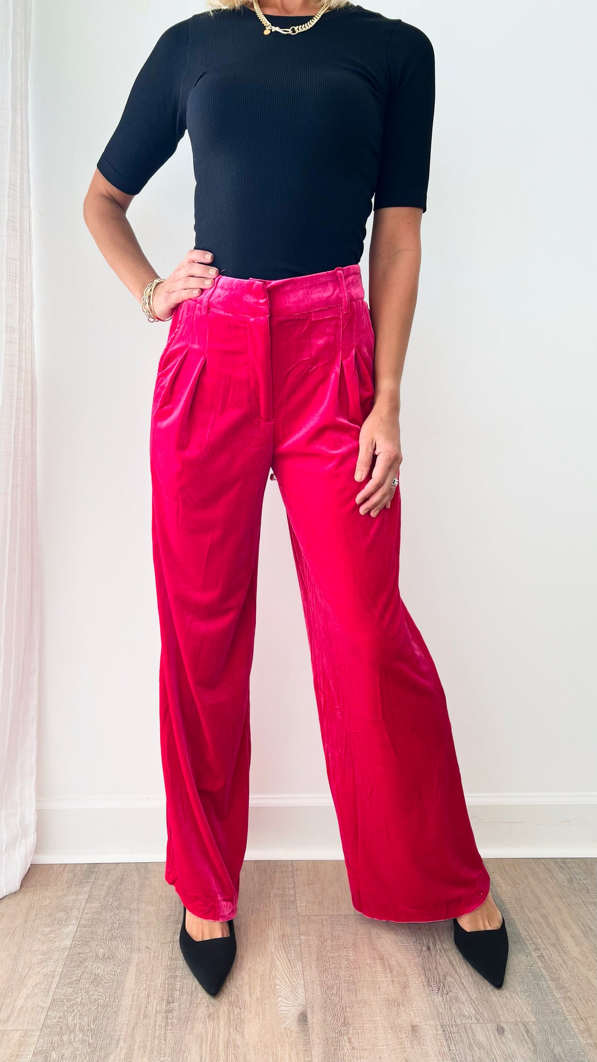 Wide Leg Velvet Pants - Electric Fuchsia-170 Bottoms-&MERCI-Coastal Bloom Boutique, find the trendiest versions of the popular styles and looks Located in Indialantic, FL