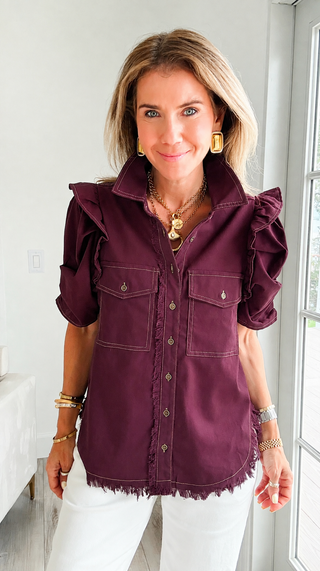 Linen Ruffle Button-Up Shirt - Plum