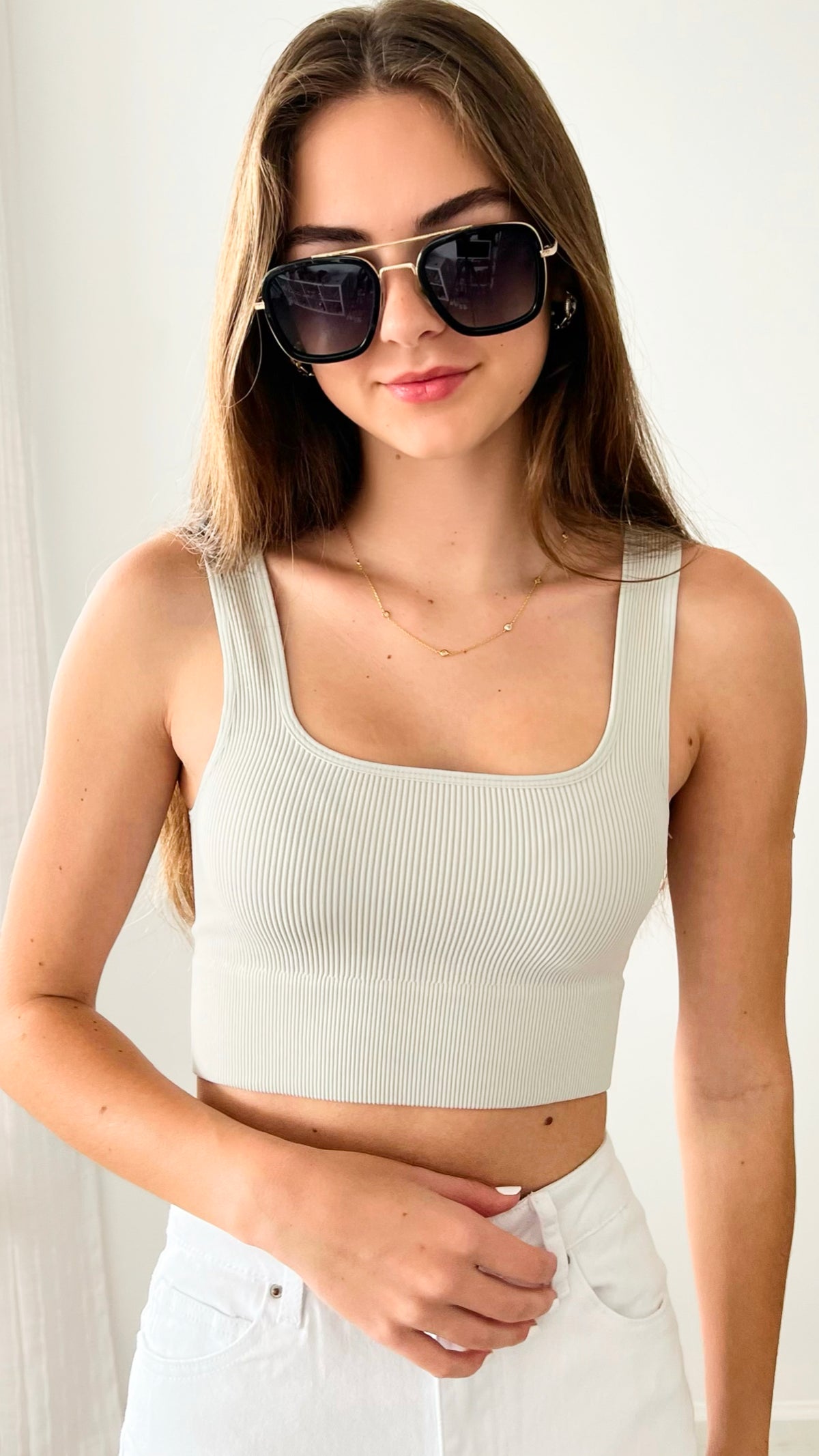 Ribbed Square Neck Cropped Tan Top - Bone-220 Intimates-Zenana-Coastal Bloom Boutique, find the trendiest versions of the popular styles and looks Located in Indialantic, FL