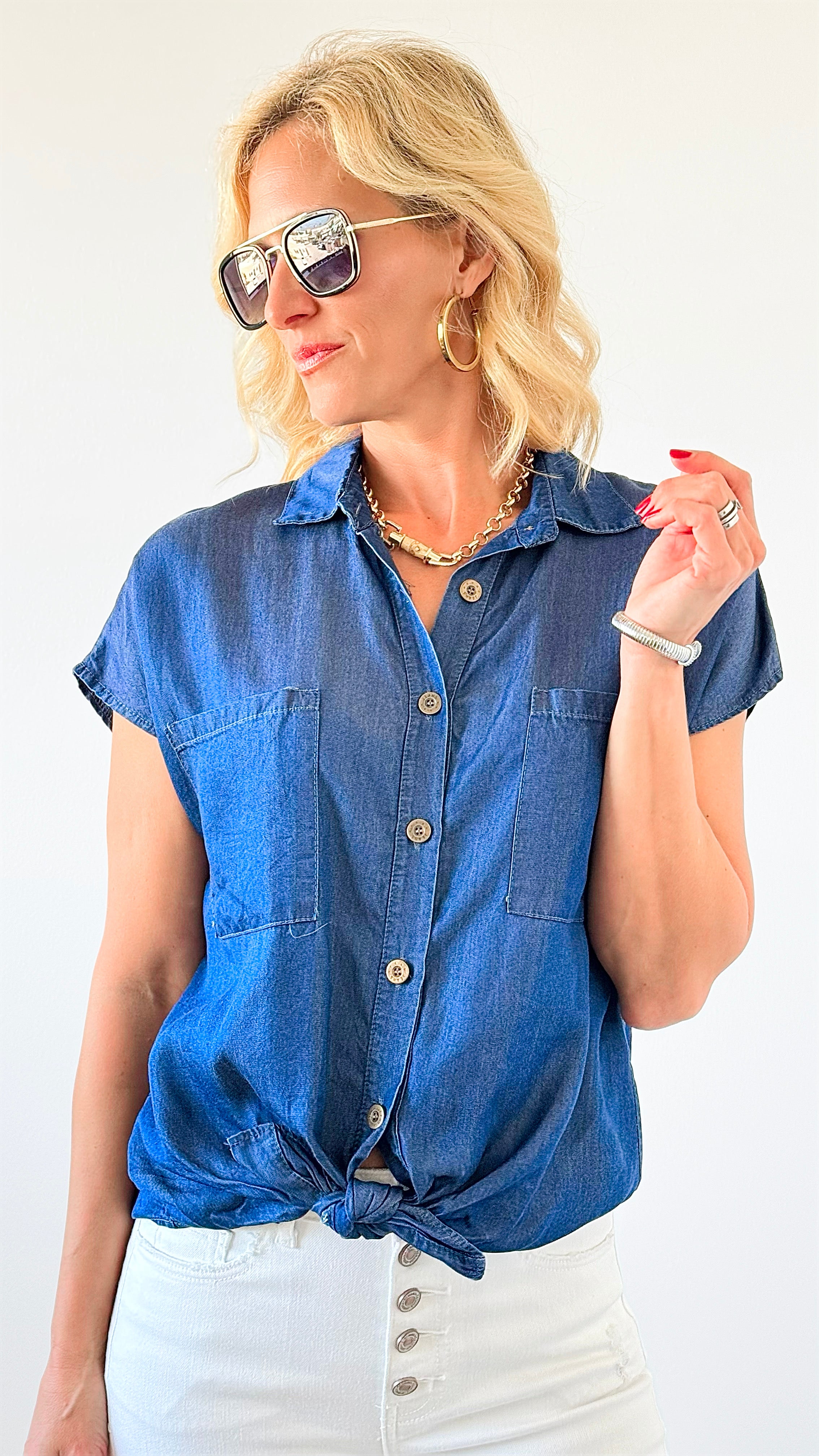 Tie-Front Denim Top-110 Short Sleeve Tops-VENTI6 OUTLET-Coastal Bloom Boutique, find the trendiest versions of the popular styles and looks Located in Indialantic, FL