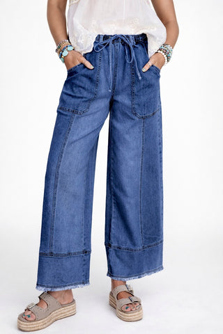 Prussian Blue Drawstring Wide Leg Jean