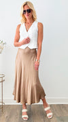 Brooklyn Italian Satin Midi Skirt - Mocha-170 Bottoms-Italianissimo-Coastal Bloom Boutique, find the trendiest versions of the popular styles and looks Located in Indialantic, FL