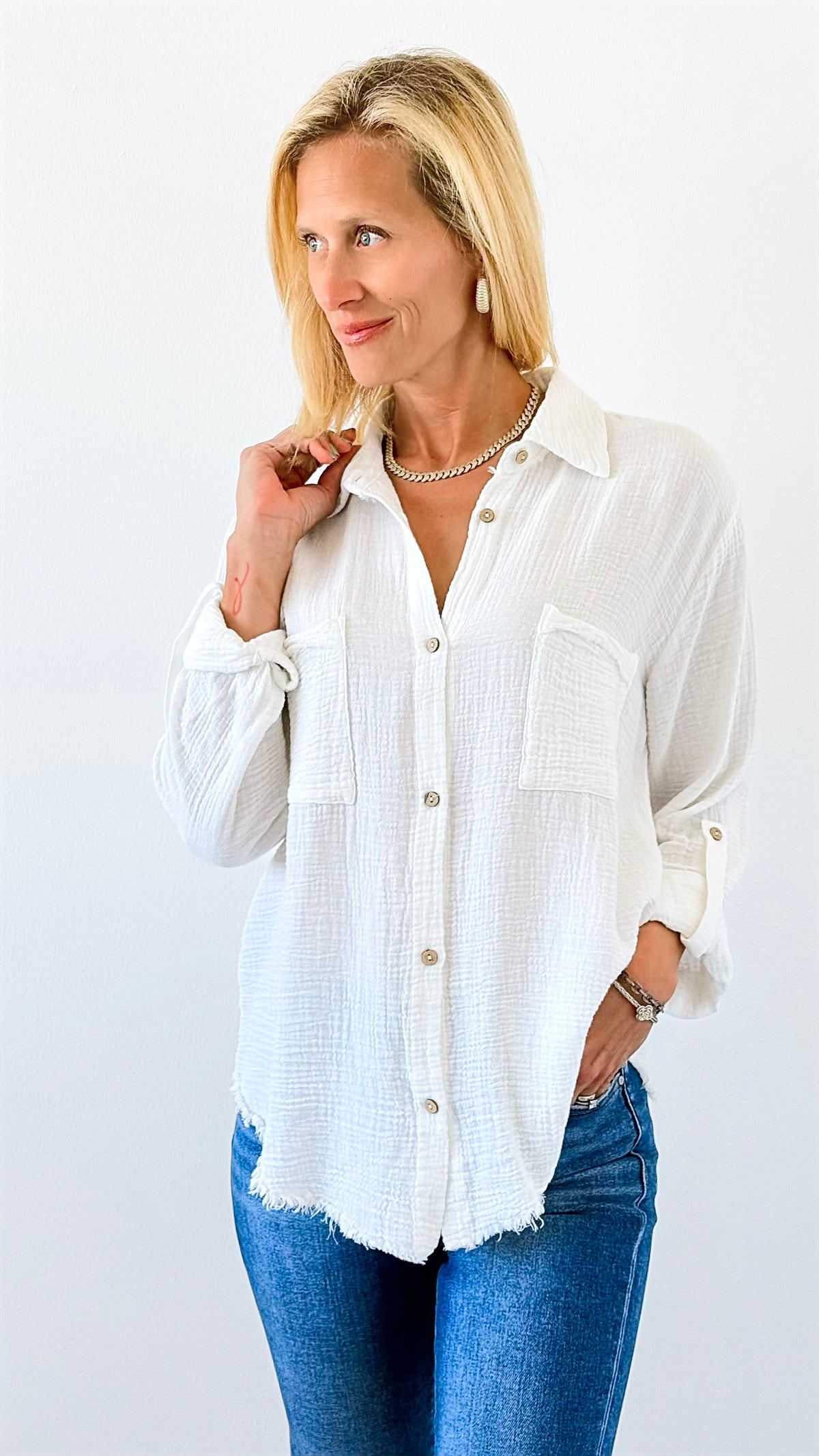 Effortless Edge Frayed Blouse Top - White-110 Long Sleeve Tops-Zenana-Coastal Bloom Boutique, find the trendiest versions of the popular styles and looks Located in Indialantic, FL