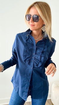 Classic Long Sleeve Navy Cotton Lawn Ruffle Shirt-130 Long Sleeve Tops-Grenouille-Coastal Bloom Boutique, find the trendiest versions of the popular styles and looks Located in Indialantic, FL
