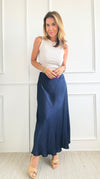 Brooklyn Italian Satin Midi Skirt - Navy-170 Bottoms-Italianissimo-Coastal Bloom Boutique, find the trendiest versions of the popular styles and looks Located in Indialantic, FL