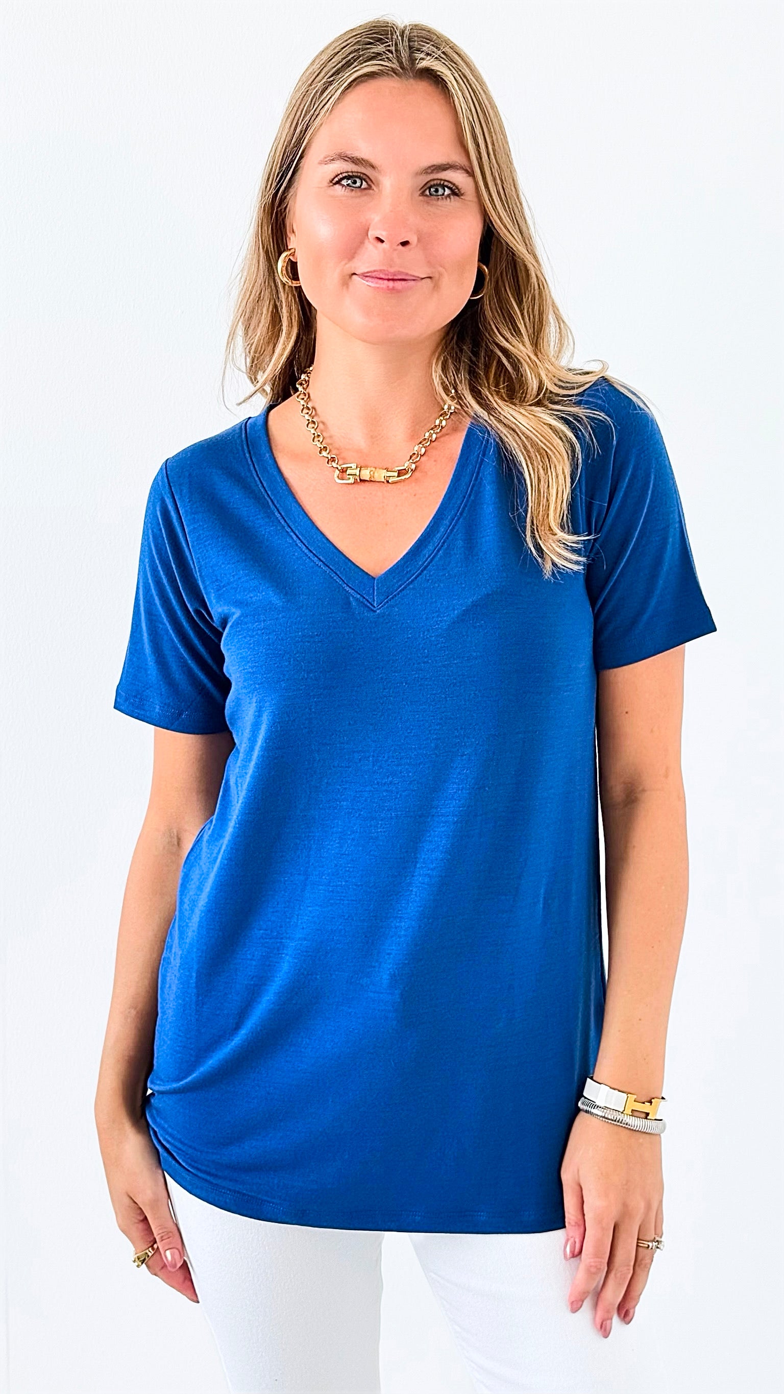 Casual Luxe V-Neck Top - Lt Navy-110 Short Sleeve Tops-Zenana-Coastal Bloom Boutique, find the trendiest versions of the popular styles and looks Located in Indialantic, FL