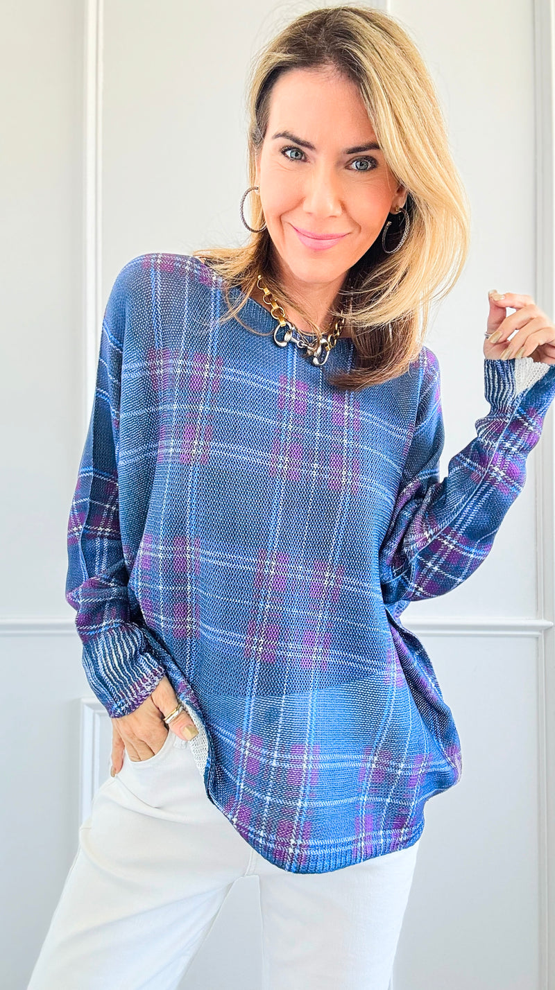 Festive Plaid St Tropez Italian Knit Sweater- Cobalt Blue-140 Sweaters-Italianissimo-Coastal Bloom Boutique, find the trendiest versions of the popular styles and looks Located in Indialantic, FL