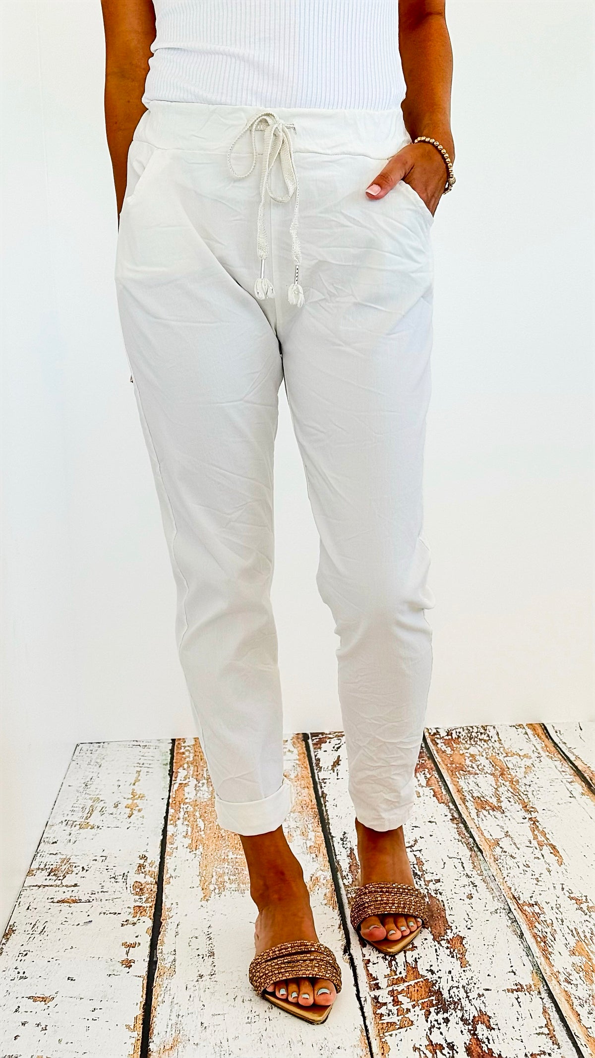 Shimmer Tie Italian Jogger - Ivory-pants-Italianissimo-Coastal Bloom Boutique, find the trendiest versions of the popular styles and looks Located in Indialantic, FL