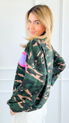 Camo French Terry Stripe Sleeve Top-130 Long Sleeve Tops-BIBI-Coastal Bloom Boutique, find the trendiest versions of the popular styles and looks Located in Indialantic, FL