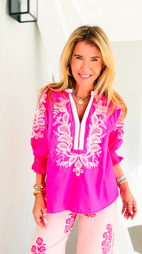 Embroidered Escape V-Neck Top - Hot Pink