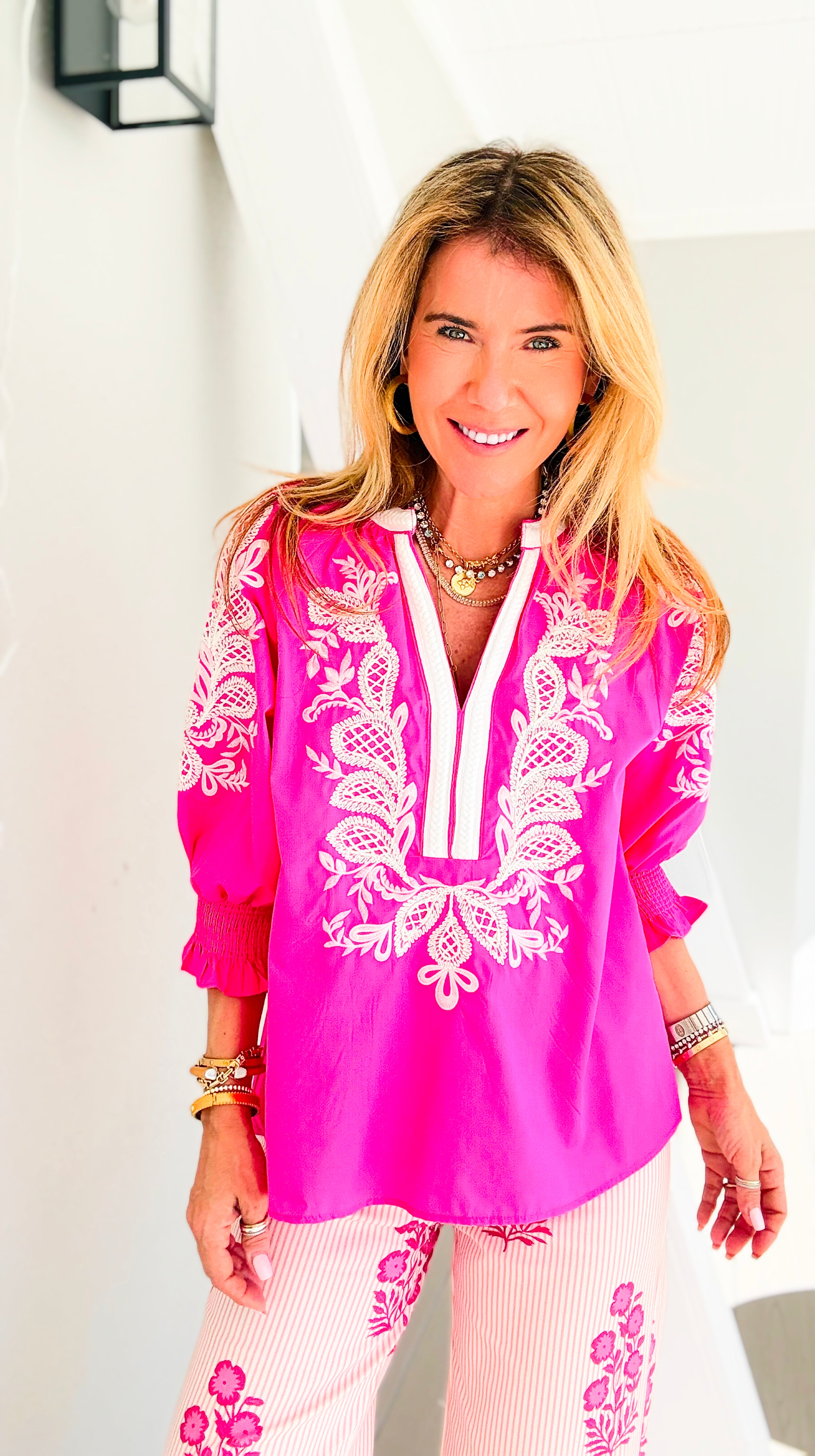 Embroidered Escape V-Neck Top - Hot Pink
