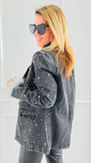 Pearl Glamour Denim Blazer-160 Jackets-ROUSSEAU-Coastal Bloom Boutique, find the trendiest versions of the popular styles and looks Located in Indialantic, FL