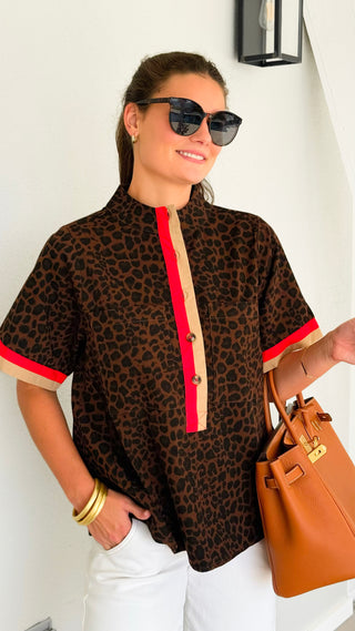 Leopard Print Contrast Trim Top - Brown