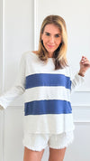 Oversized Striped Contrast Sweater - Ash Grey/Navy-140 Sweaters-BucketList-Coastal Bloom Boutique, find the trendiest versions of the popular styles and looks Located in Indialantic, FL