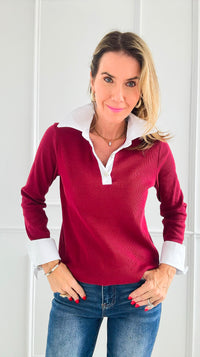 Contrast Trims Italian Top- Burgundy-130 Long sleeve top-Italianissimo-Coastal Bloom Boutique, find the trendiest versions of the popular styles and looks Located in Indialantic, FL