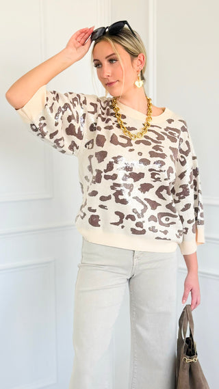 Sequin Animal Print Knit Top - Taupe