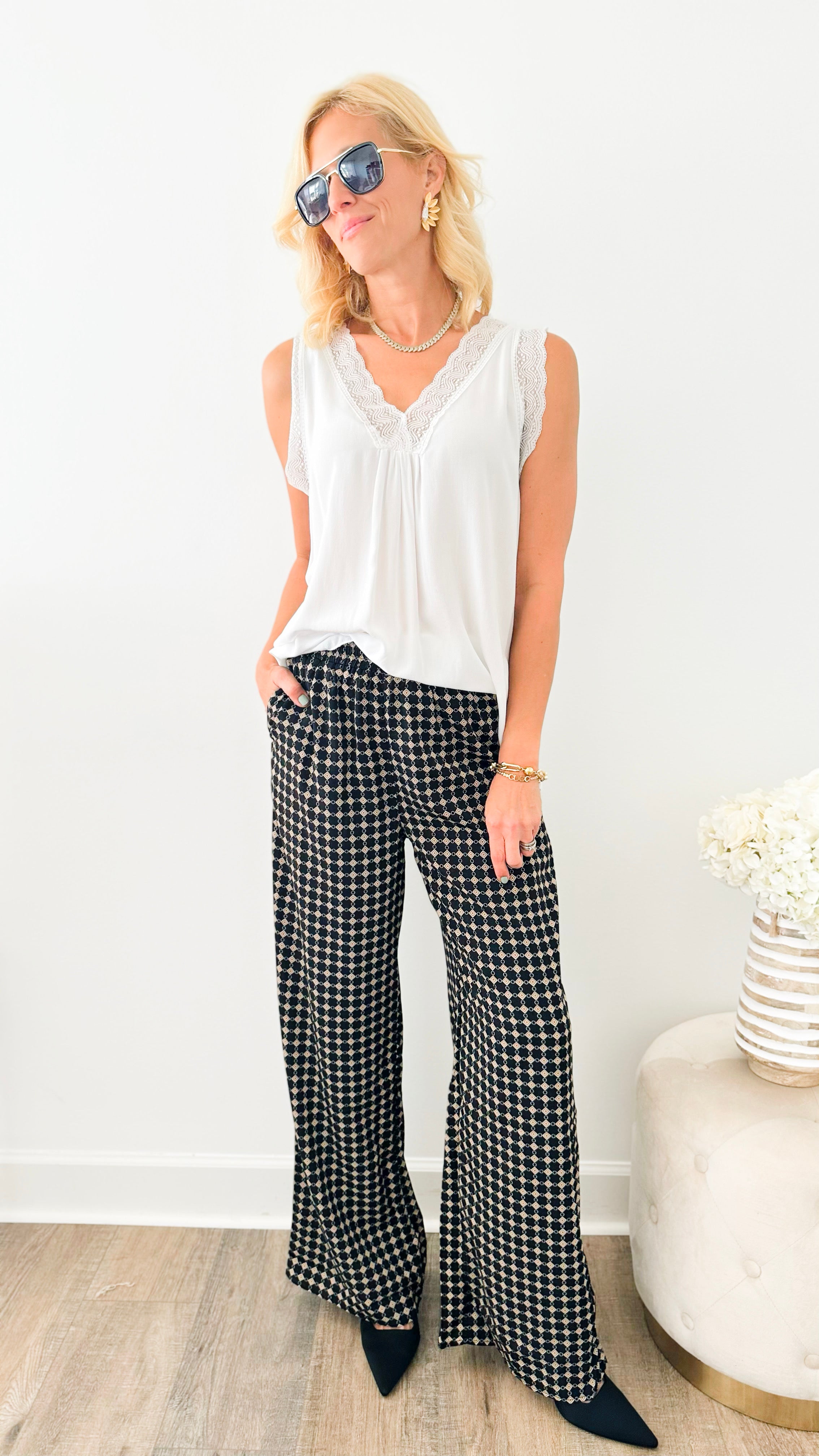 Printed Straight Leg Pants - Black-170 Bottoms-EESOME-Coastal Bloom Boutique, find the trendiest versions of the popular styles and looks Located in Indialantic, FL