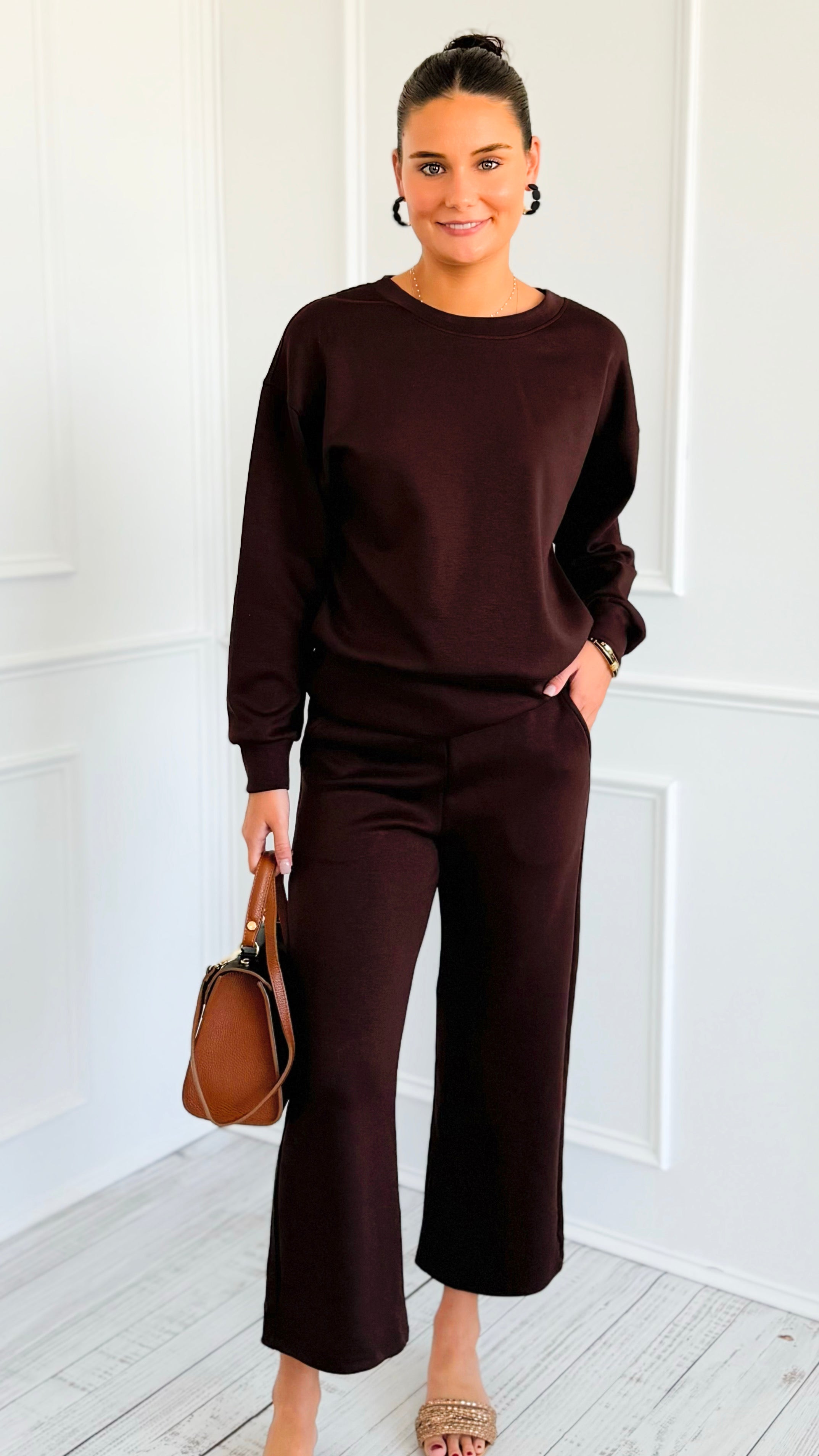 Weekender Ease Scuba 2pc Pant Set - Coffee-210 Loungewear/Sets-YELETE-Coastal Bloom Boutique, find the trendiest versions of the popular styles and looks Located in Indialantic, FL