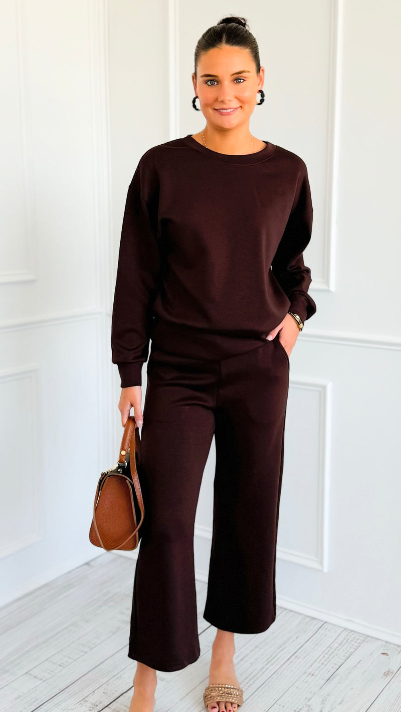 Weekender Ease Scuba 2pc Pant Set - Coffee-210 Loungewear/Sets-YELETE-Coastal Bloom Boutique, find the trendiest versions of the popular styles and looks Located in Indialantic, FL
