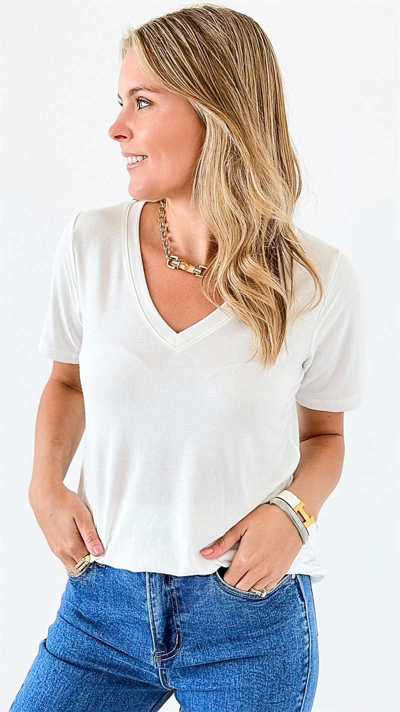 Casual Luxe V-Neck Top - Off White-110 Short Sleeve Tops-Zenana-Coastal Bloom Boutique, find the trendiest versions of the popular styles and looks Located in Indialantic, FL