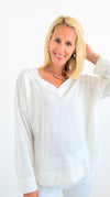 Power Play V-Neck Top - Off White-130 Long Sleeve Tops-Rousseau-Coastal Bloom Boutique, find the trendiest versions of the popular styles and looks Located in Indialantic, FL