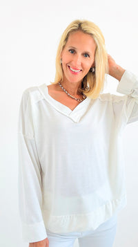 Power Play V-Neck Top - Off White-130 Long Sleeve Tops-Rousseau-Coastal Bloom Boutique, find the trendiest versions of the popular styles and looks Located in Indialantic, FL
