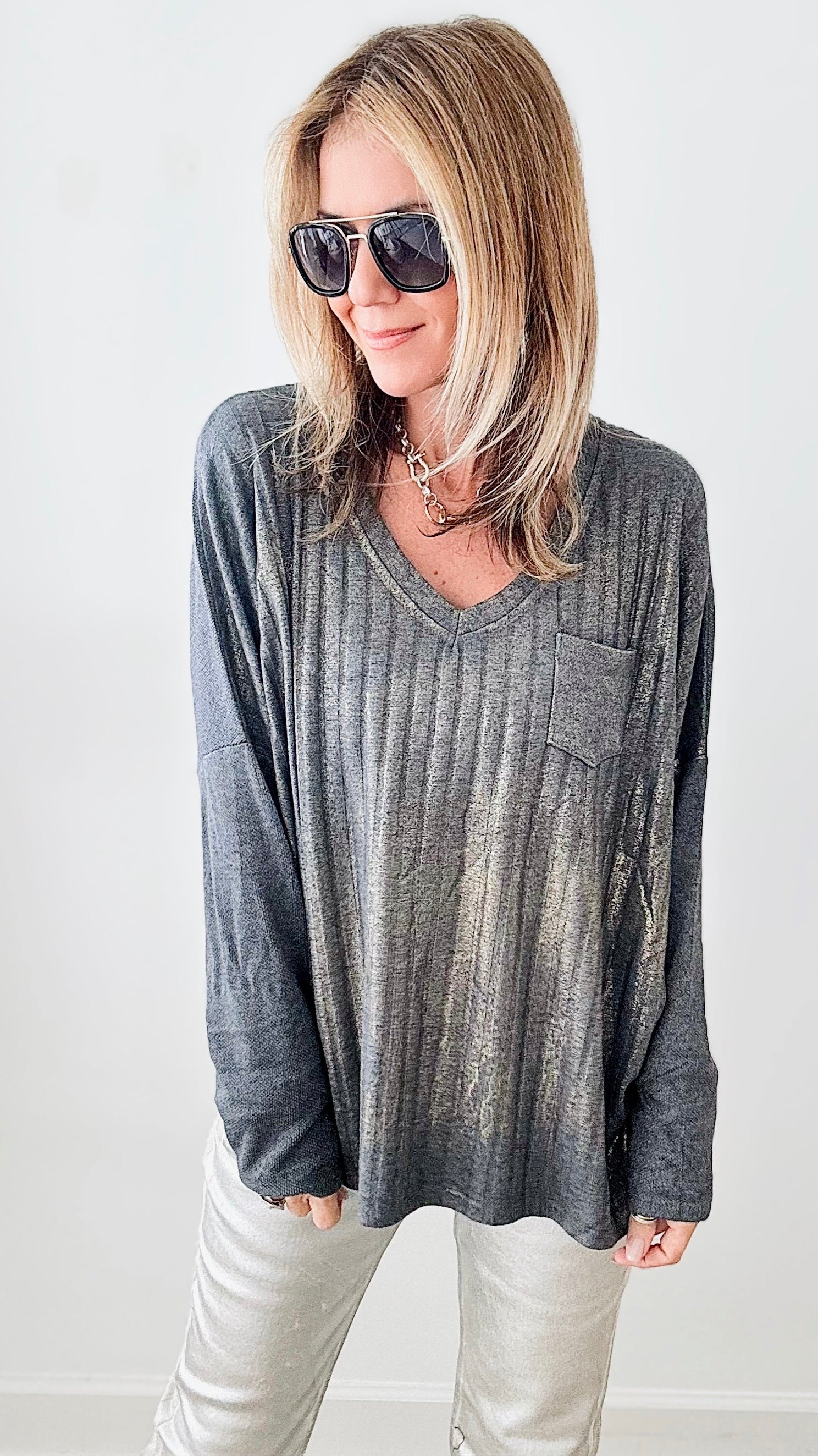 Shimmer and Shine V-Neck Italian Ribbed Pullover - Grey-140 Sweaters-Germany-Coastal Bloom Boutique, find the trendiest versions of the popular styles and looks Located in Indialantic, FL
