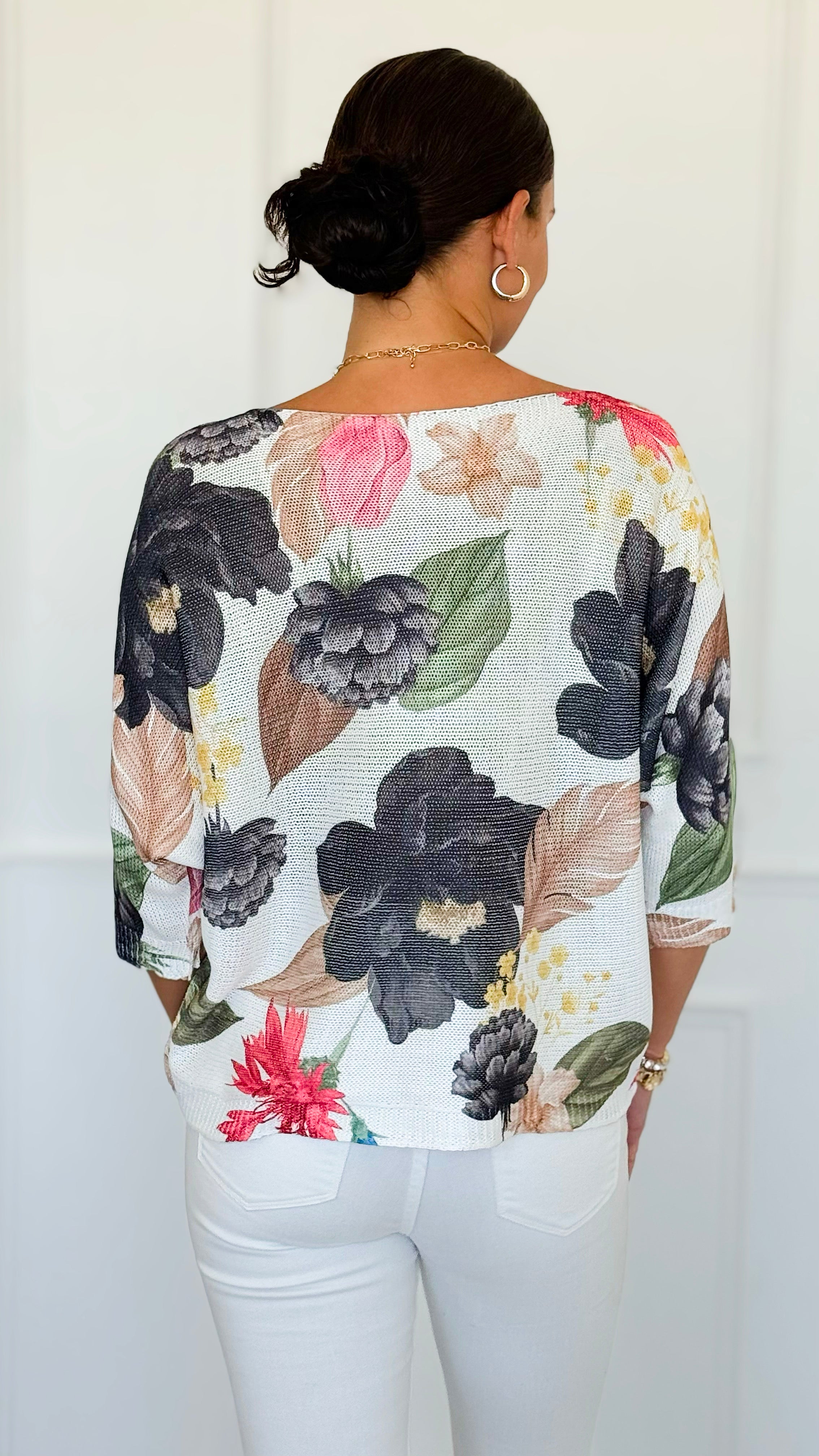 Mystic Flora St Tropez Short Sleeve Sweater-140 Sweaters-SORPRESA-Coastal Bloom Boutique, find the trendiest versions of the popular styles and looks Located in Indialantic, FL