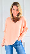 Vintage Terry Italian V-Neck Sweatshirt- Melon-130 Long Sleeve Tops-Italianissimo-Coastal Bloom Boutique, find the trendiest versions of the popular styles and looks Located in Indialantic, FL