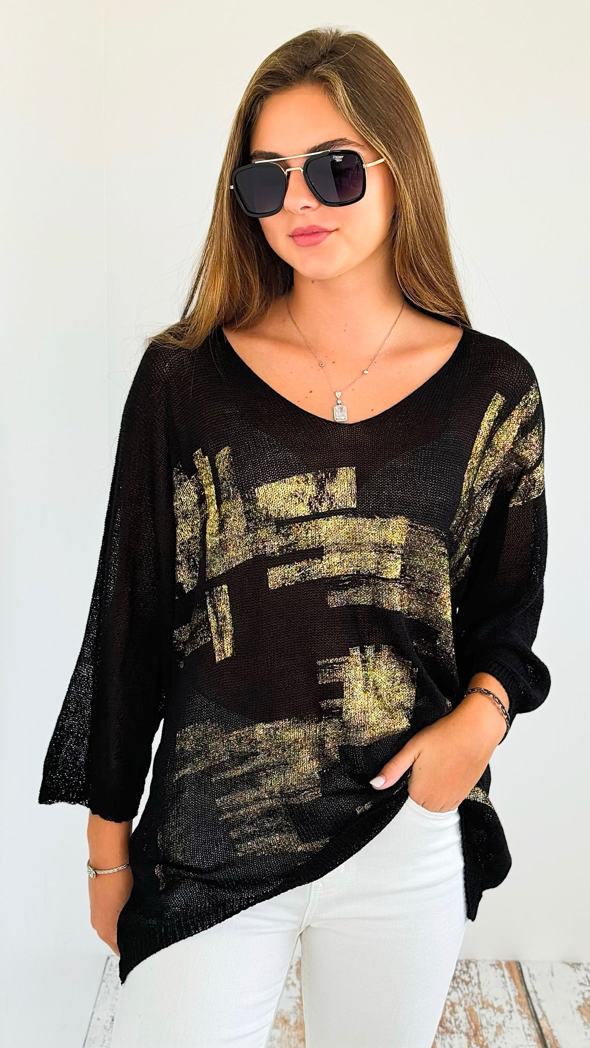 Metallic Printed Ribbed Italian Sweater - Black-140 Sweaters-UM-Coastal Bloom Boutique, find the trendiest versions of the popular styles and looks Located in Indialantic, FL