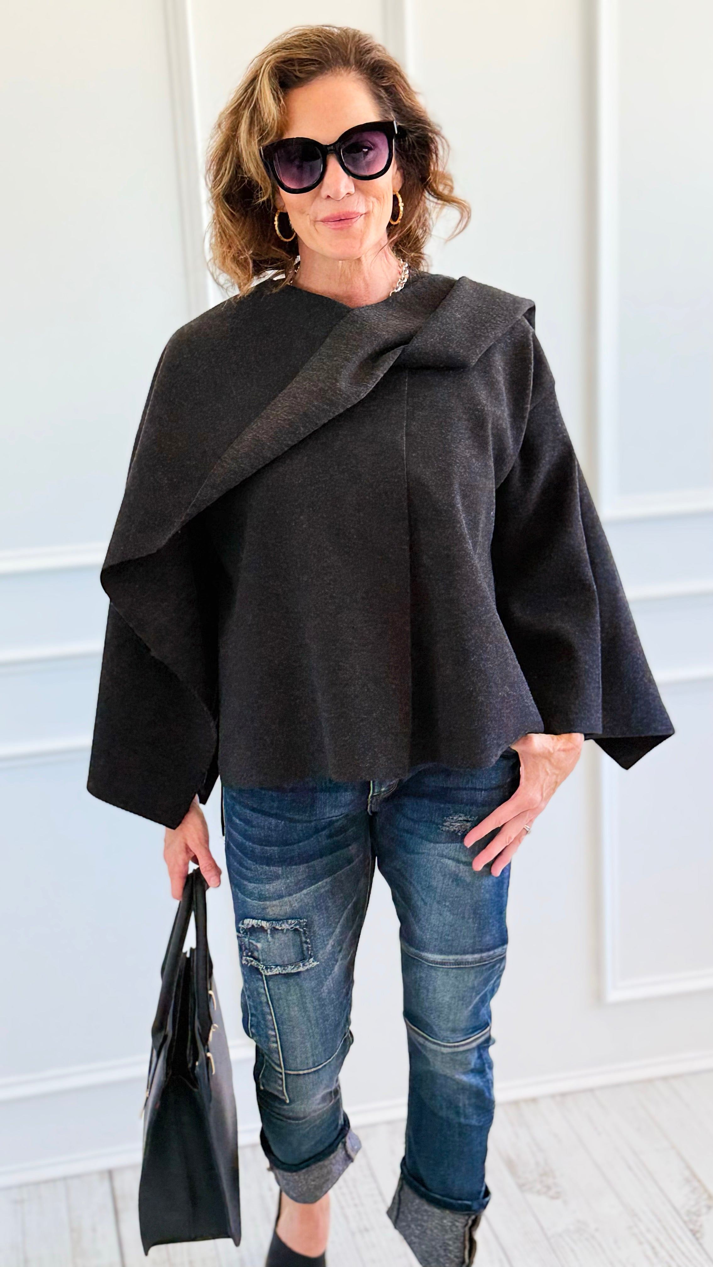 Modern & Elegance Italian Shawl Jacket- Black-150 Cardigans/Layers-SEE YOU IN ROME-Coastal Bloom Boutique, find the trendiest versions of the popular styles and looks Located in Indialantic, FL