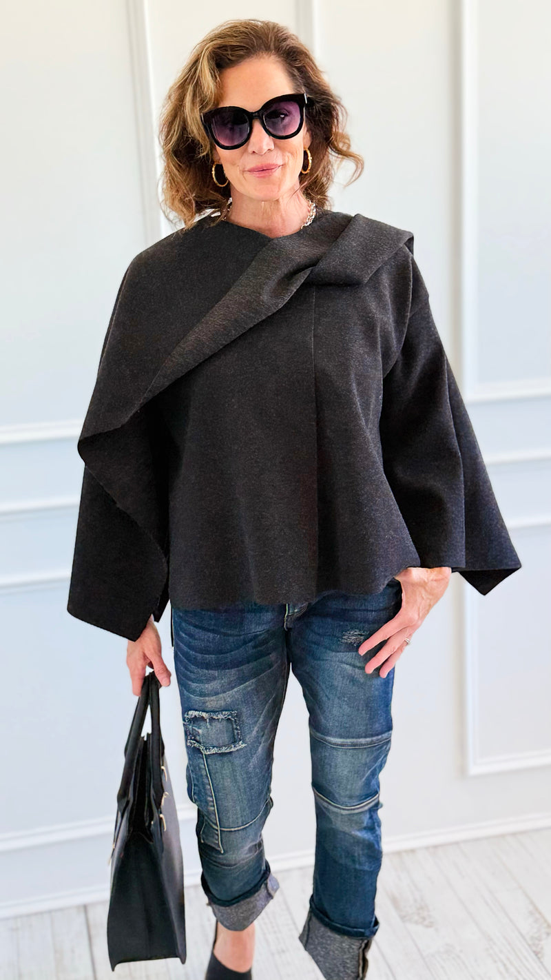 Modern & Elegance Italian Shawl Jacket- Black-150 Cardigans/Layers-SEE YOU IN ROME-Coastal Bloom Boutique, find the trendiest versions of the popular styles and looks Located in Indialantic, FL