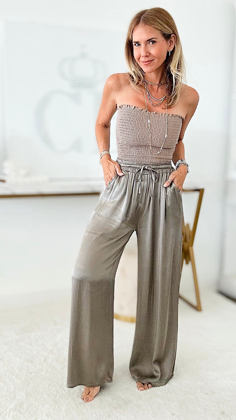Angora Italian Satin Pant - Metallic Pewter-170 Bottoms-Germany-Coastal Bloom Boutique, find the trendiest versions of the popular styles and looks Located in Indialantic, FL