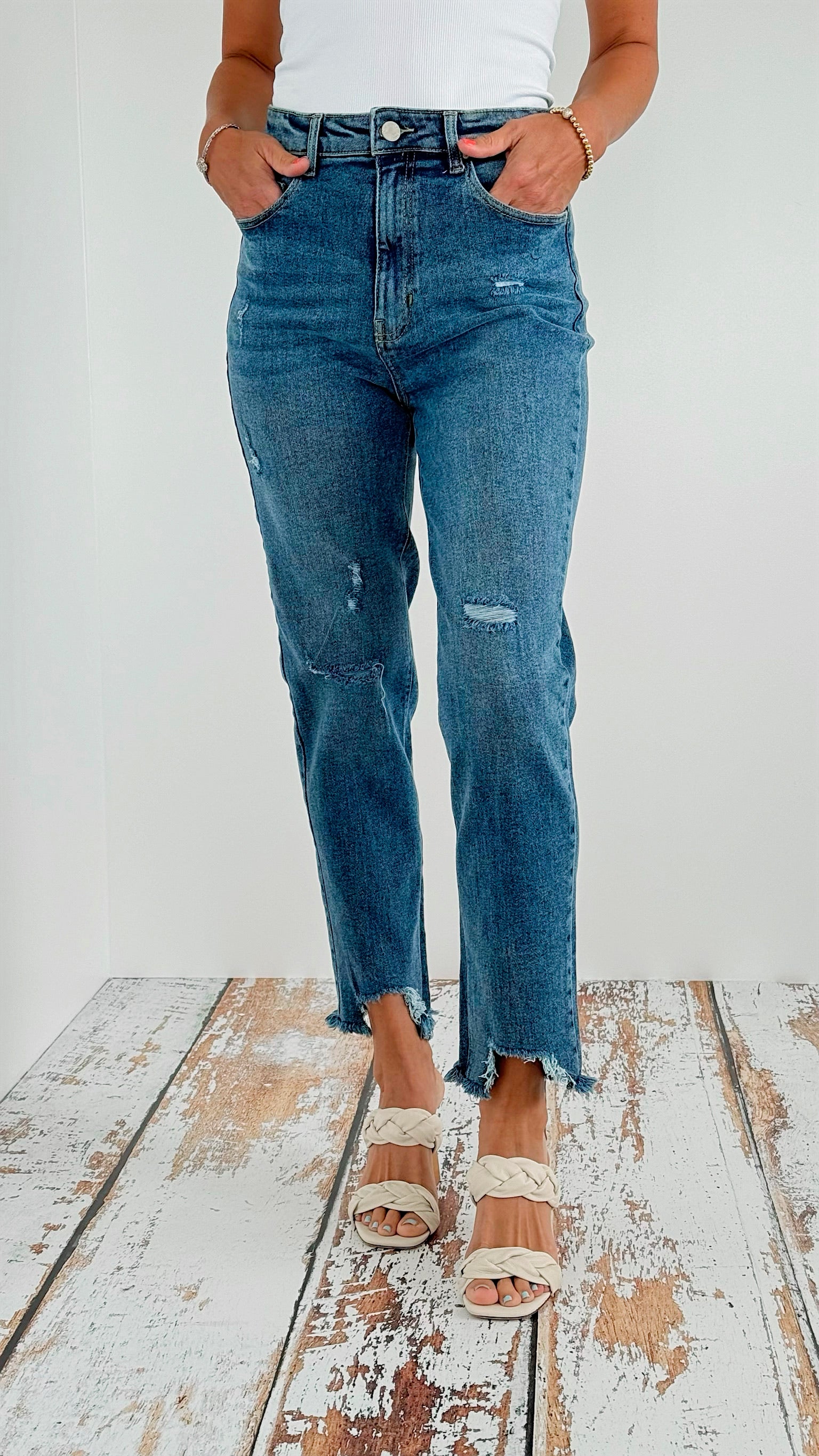 Distressed Capri Jean-190 Denim-Blue Age-Coastal Bloom Boutique, find the trendiest versions of the popular styles and looks Located in Indialantic, FL