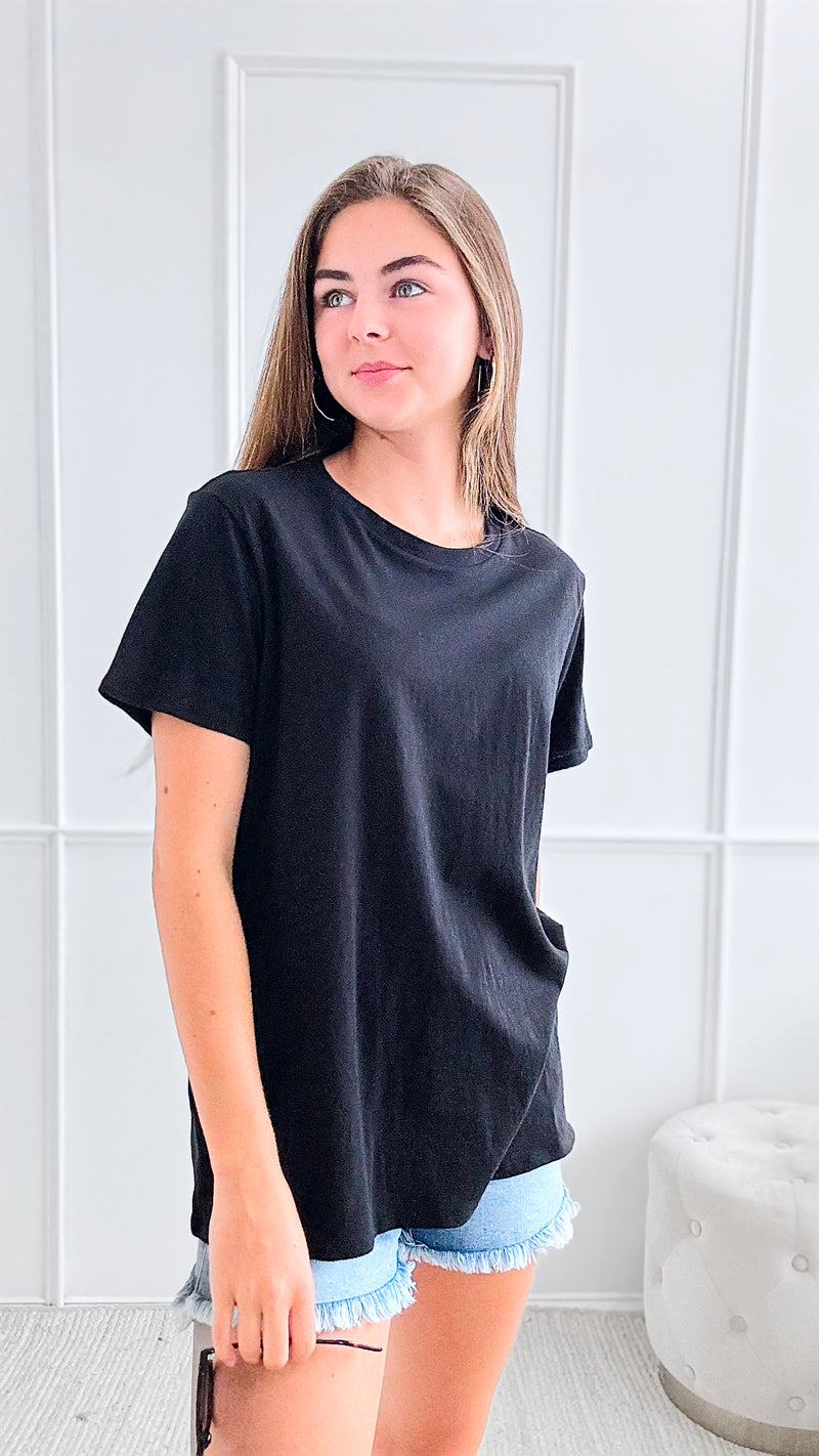 Relaxed Fit Round Neck Tee - Black-110 Short Sleeve Tops-Zenana-Coastal Bloom Boutique, find the trendiest versions of the popular styles and looks Located in Indialantic, FL