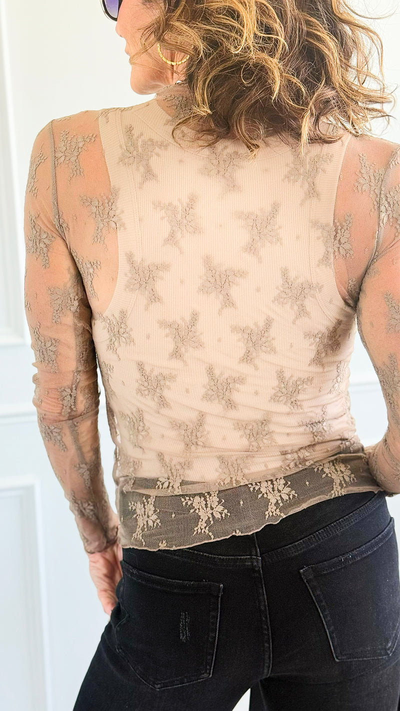 Lace Sheer Layering Top - Cocoa-130 Long Sleeve Tops-Zenana-Coastal Bloom Boutique, find the trendiest versions of the popular styles and looks Located in Indialantic, FL